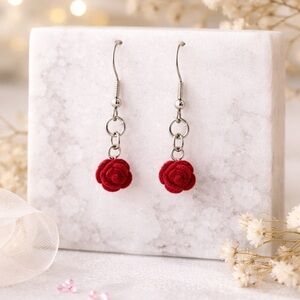 Elegant Rose Dangle Earrings in Red